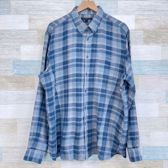 John Varvatos USA Linen Shirt Blue Plaid Button Down Lightweight Casual Mens XL - Picture 1 of 7
